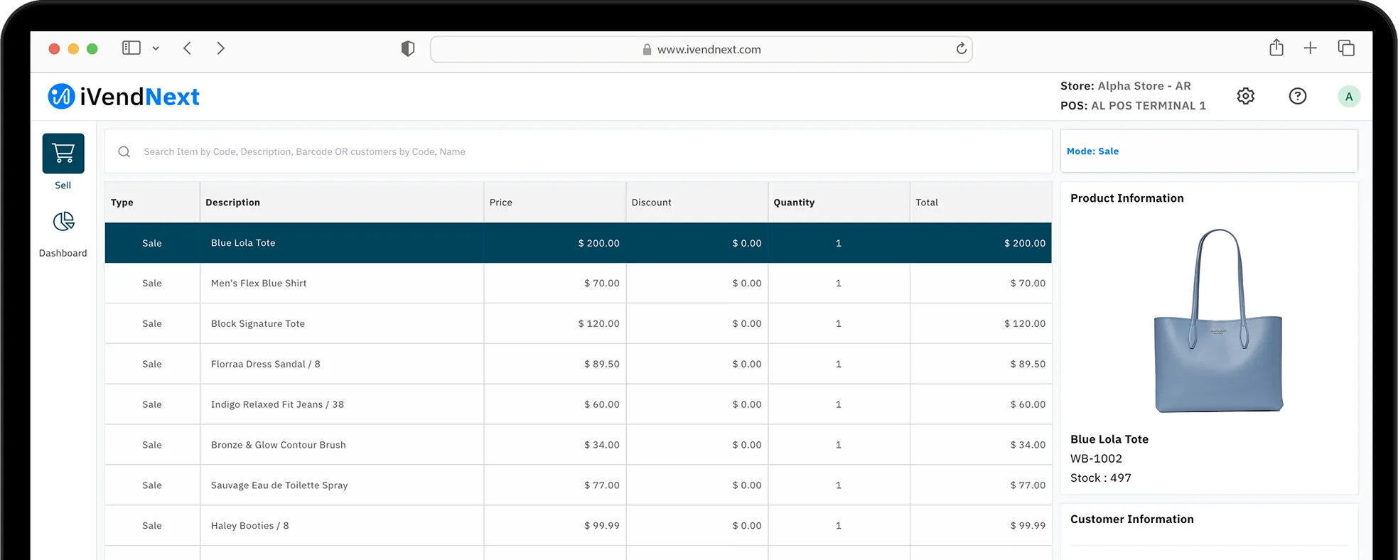 iVendNext POS screen interface